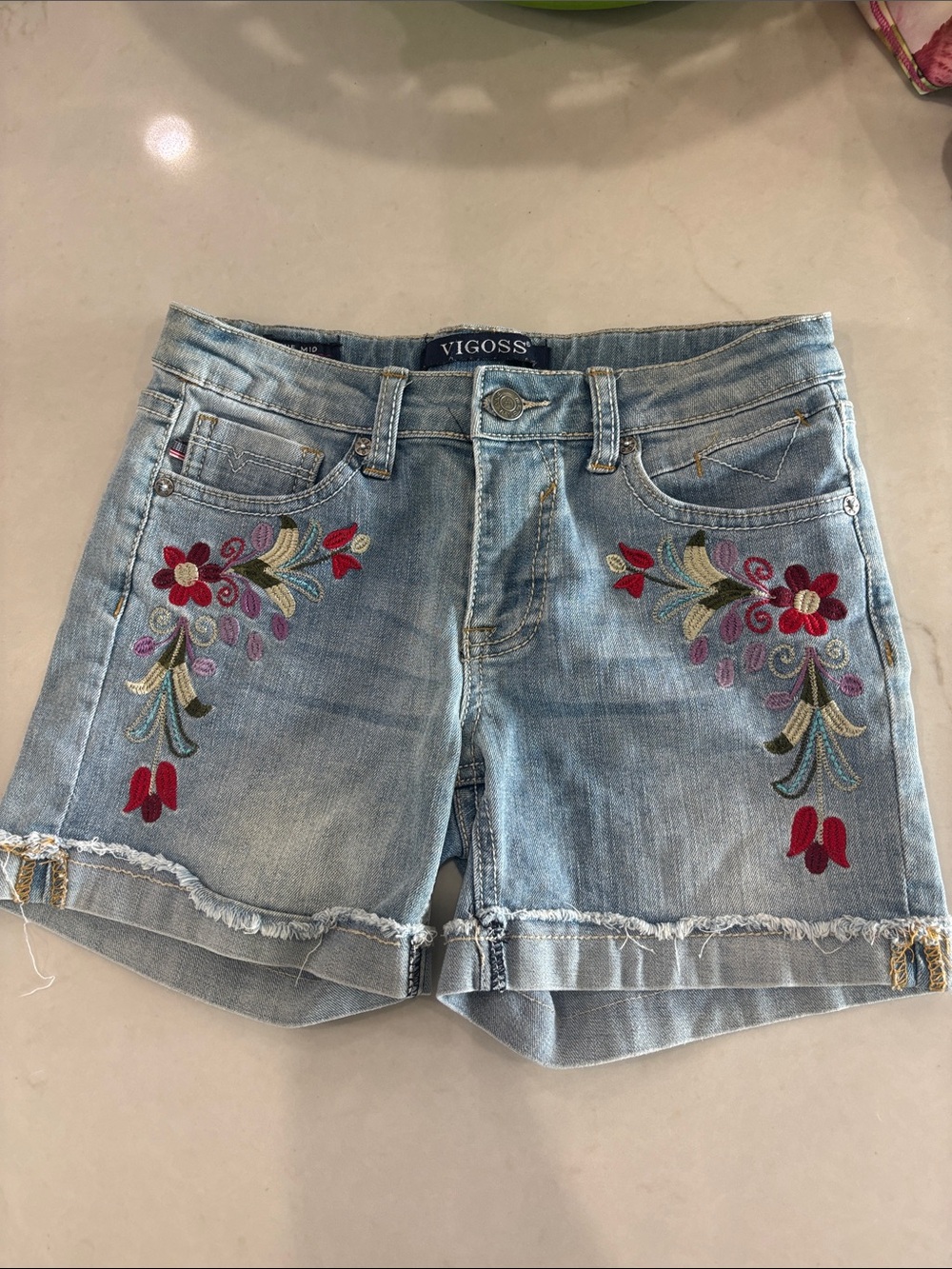 Vigoss Light Blue Denim Shorts with Multicolor Floral Embroidery